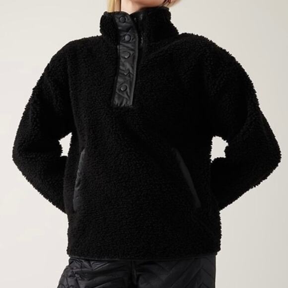 NEW XS Athleta Cozy Sherpa Fleece Snap Front Pullover Quilted Black Sweatshirt - Picture 2 of 9